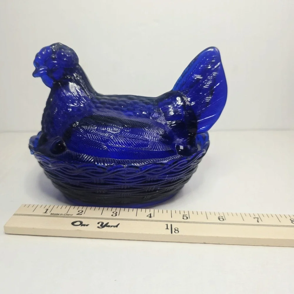Vintage Hen On Nest Cobalt Blue  Glass Candy Dish 5